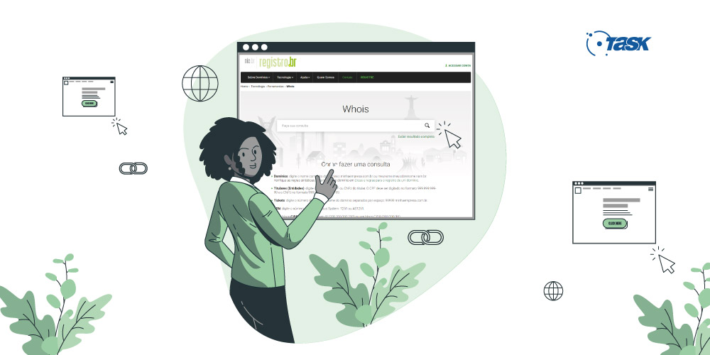 Ilustração de uma mulher em frente ao navegador de internet onde está aberto o site Who is do Registro.br.