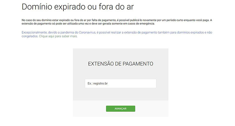 Tela site Registro.br - Ferramenta de extensão de pagamento