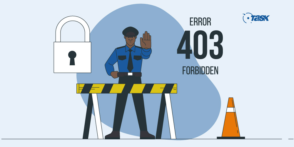 Ilustração de um guarda restringindo o acesso e a frase em inglês: "error 403 forbidden".