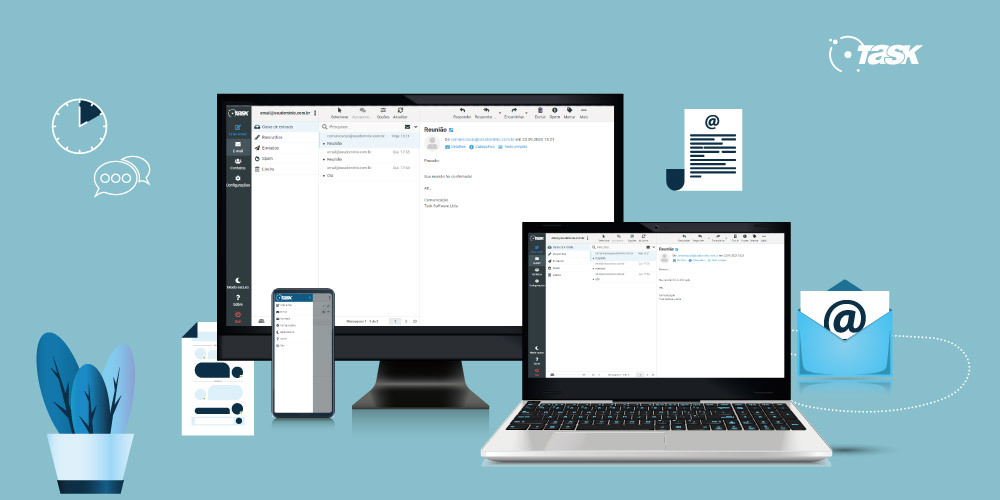Telas de computador, notebook e celular com imagem do novo layout do webmail da Task