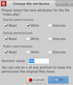 Print da tela de FTP mostrando opção de permissão de arquivo com alteração de permissão 644