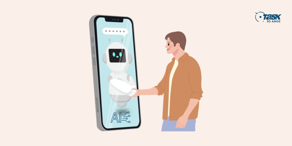 Ilustração com um homem saudando um robô saindo de um celular para demostrar sobre inteligência artificial.